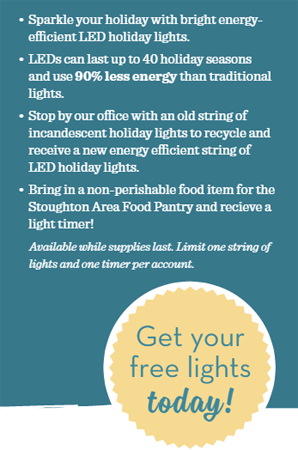 Bring in a strand of holiday lights to recycle and get a set of LED lights for free!  Donate a non-perishable food item to receive a free holiday light timer!
